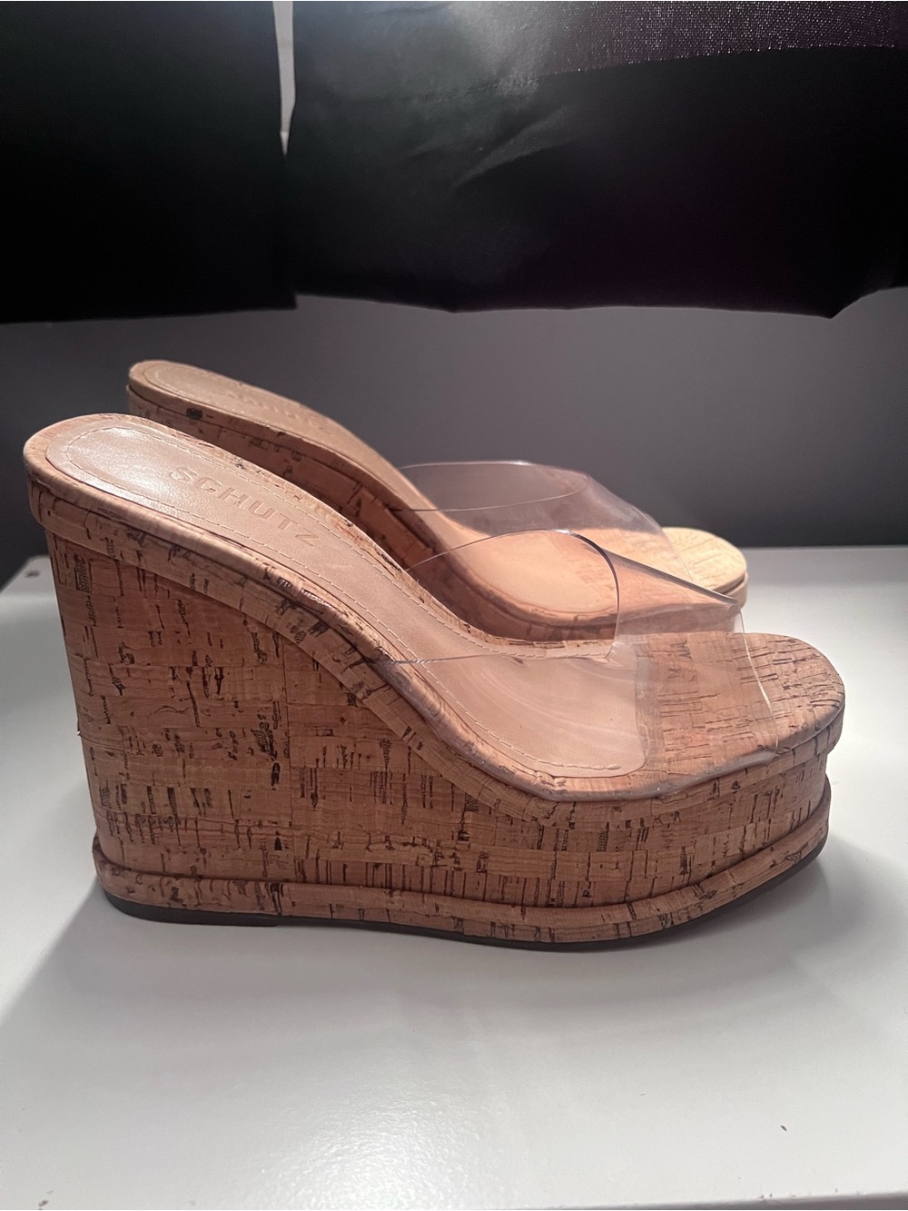 SCHUTZ Cork Platform Wedges with Clear Straps - Nude/Cork